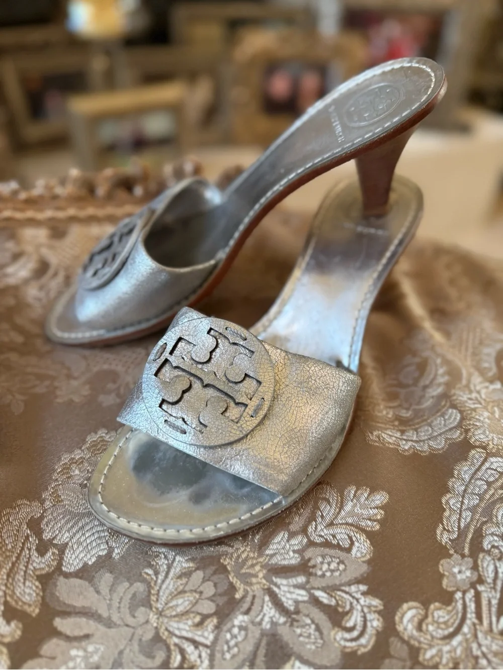 Tory Burch Metallic Silver Logo Slide Mules